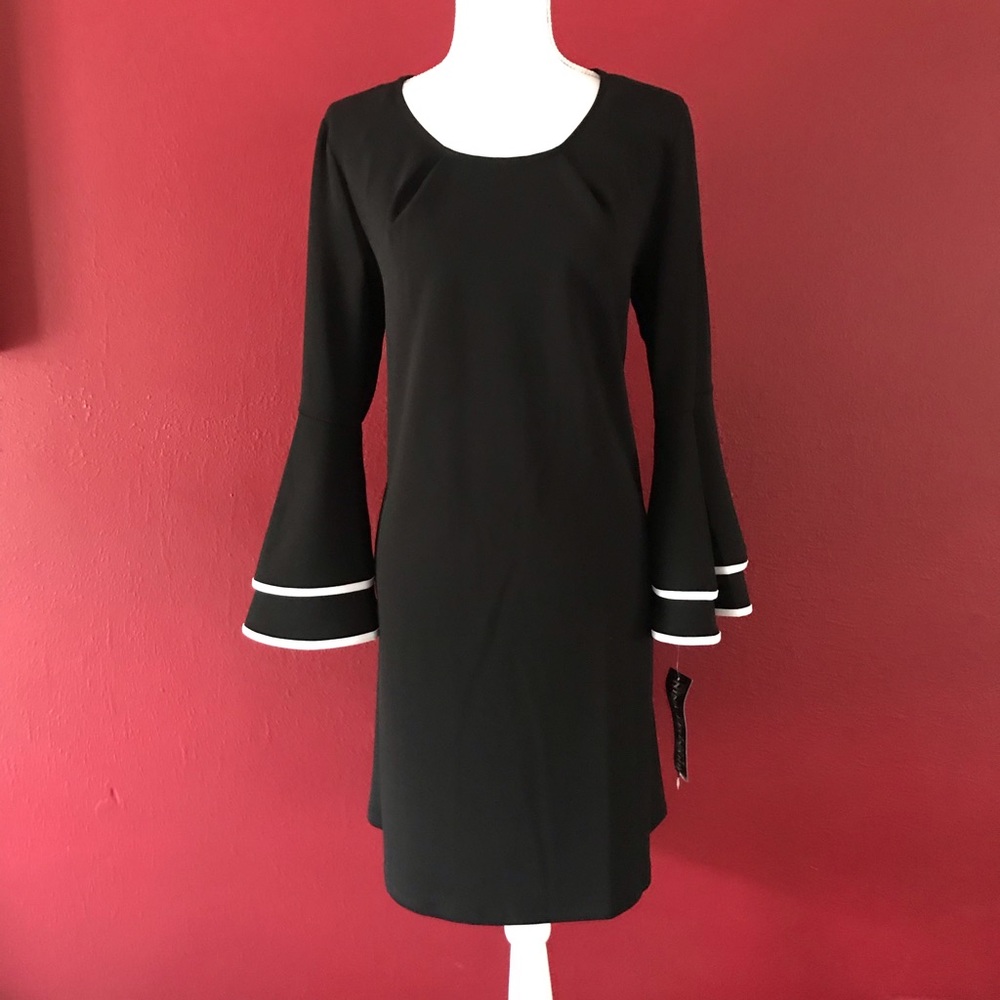NWT: Nina Leonard black dress w/bell sleeves Sz. L